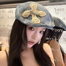 キャスケット レディース 女性用 小顔効果 UVカット デニム ウォッシュド加工 春夏 レトロ ヴィンテージ カジュアル パッチワーク ベレー帽風 大きいサイズ 調節可能 ニュースボーイキャップ