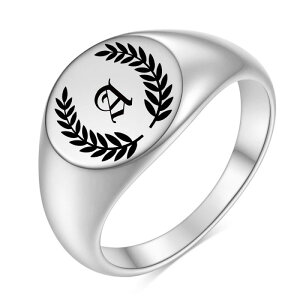 指輪 レディース 女性用 ステンレス 18金 レーザー刻印 リーフ アルファベット 円形 丸型 ポリッシュ加工 光沢仕上げ ファッションリング シンプル おしゃれ プレゼント ギフト 誕生日 記念