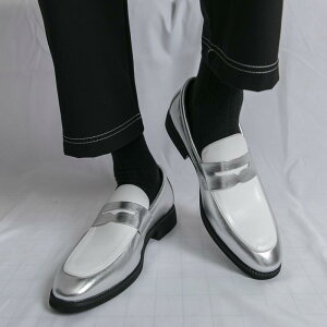 革靴 メンズ 大きいサイズ ビジネス フォーマル ローファー 着脱しやすい 快適 コンフォート ポインテッドトゥ 切り替え バイカラー 合成皮革 カジュアル ゴム底