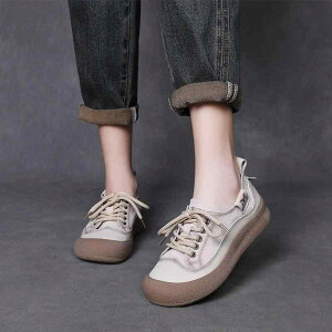 厚底スニーカー レディース 女性用 柔らかな履き心地 本革 牛革 レトロ クラシック レースアップ ラウンドトゥ バイカラー ミドルヒール ソフトソール ゴム底 春 夏 秋 カジュアル ローカッ