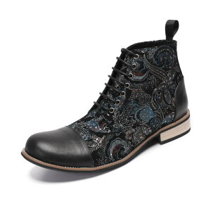 ブーツ メンズ 防水 通気性 本革 牛革 シークレットブーツ サイドジップ ローヒール ウエスタンブーツ ライディングブーツ ブラック レトロ 刺しゅう スクエアトゥ 秋冬