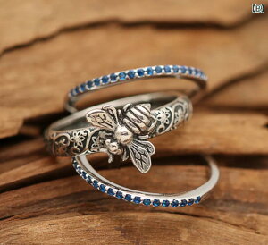 指輪 メンズ レディース ファッション 昆虫 蜂モチーフ アンティーク調 ヴィンテージ風 サファイアブルー ジルコニア おしゃれ 合金製 電気メッキ加工