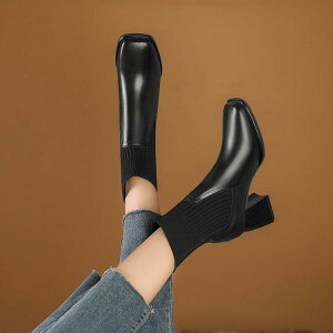 ブーツ レディース ミドル丈 スクエアトゥ チャンキーヒール 高めヒール ニット切り替え ストレッチ プルオン フェイクレザー 無地 韓国風 カジュアル 滑り止め 秋冬