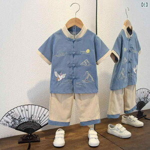 唐装 男の子 夏物 綿麻 半袖 セットアップ 2点セット 中国風 伝統衣装 1歳 誕生日 発表会 古典衣装 3歳 8歳 小学生向け 100cm 140cm対応 切り替えデザイン ブルー レッド グリーン