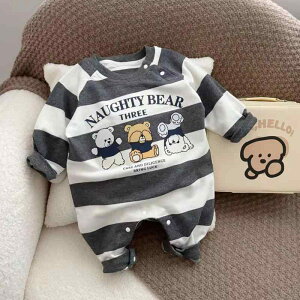 ロンパース ベビー キッズ 男の子 女の子 赤ちゃん 韓国風 かわいい くま柄 ストライプ ボーダー コットン 綿 肌に優しい 長袖 プルオーバー 春秋 部屋着 パジャマ おでかけ カバーオール