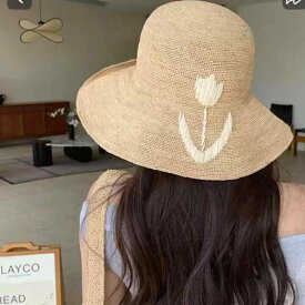 麦わら帽子 レディース 女性用 手編み かぎ針編み 極細ラフィア素材 チューリップ刺繍 おしゃれ かわいい 日よけ 紫外線対策 UVカット 折りたたみ 携帯 春夏