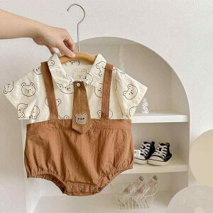ロンパース カバーオール ベビー 乳幼児 キッズ 子供 新生児 男女兼用 韓国ファッション クマ キャラクター ネクタイモチーフ かわいい 快適 おしゃれ デザイン 前開き 長袖 春夏秋 綿混素材