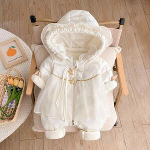 カバーオール ロンパース ベビー 女の子 赤ちゃん 新生児 乳幼児 ダウン90% 厚手 裏起毛 保温 防寒 着脱可能フード 股開き仕様 おむつ替え楽々 お出かけ 冬用 長袖 前開きファスナー かわいい