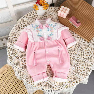 ロンパース ベビー 女の子 チャイナ風 フォーマル セレモニードレス プリンセス 長袖 前開き コットン ピンク 梅の花 二重 新生児 お宮参り お食い初め 百日祝い 1歳誕生日 春秋 記念日