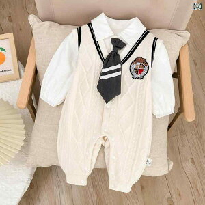 ロンパース ベビー 男の子 新生児 スクール風 カレッジスタイル 長袖 綿95% コットン 前開き ボタン留め カバーオール 生後1ヶ月 百日祝い お宮参り 秋 無縫製