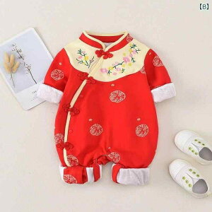 ロンパース ベビー 女の子 新生児 幼児 春秋 薄手 長袖 中国風 チャイナ風 偏襟 斜め襟 桃の花 刺繍 二重 お宮参り お出かけ カバーオール ポリエステル ピンク レッド