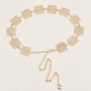 ウエストチェーン レディース 女性用 スクエアプレート 金属製 細身ベルト 欧米風 ファッション 万能 オールシーズン おしゃれ 装飾 アクセント フリーサイズ ゴールドカラー 光沢感(x2)