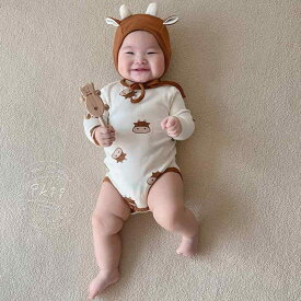 ロンパース ベビー 男女兼用 新生児 幼児 コットン 綿96% 肌に優しい A類安全基準 長袖 フード付き 韓国風 かわいい 牛柄 立体モチーフ 部屋着 出産祝い 記念撮影 オールシーズン
