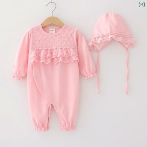 ベビーロンパース 女の子 新生児 赤ちゃん お宮参り 出産祝い プリンセス レース 日系スタイル 綿100% 長袖 フード付き 春秋 白 ピンク