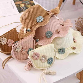 麦わら帽子 ベビー 女の子 キッズ 紫外線対策 UVカット 日よけ 大つば 首ガード 通気性 春夏 フラワーモチーフ かわいい スイート ビーチ リゾート お出かけ バッグ付き セット