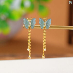 ピアス イヤリング レディース S925純銀 シルバー925 金メッキ加工 ブルージェイド 翡翠 蝶 バタフライ タッセル ドロップ スタッド エレガント レトロ 中華風 文芸レトロ ゴールド シルバーカ