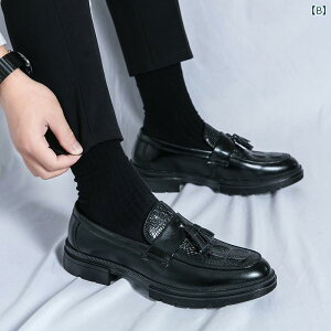 革靴 メンズ 男性用 春秋 厚底 シークレット 脚長効果 スタイルアップ スリッポン ローファー タッセル飾り 人工皮革 フェイクレザー ゴム底 カジュアル ビジネス 通勤 普段使い ブラック ブ