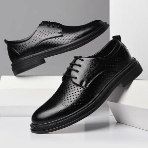 革靴 メンズ 春夏 通気性 メッシュ パンチング ビジネス オフィス カジュアルシューズ 通勤用 ソフトソール 軽量 耐摩耗性 高級感 ラウンドトゥ 厚底 PUレザー 合成皮革 ブラック レースアッ