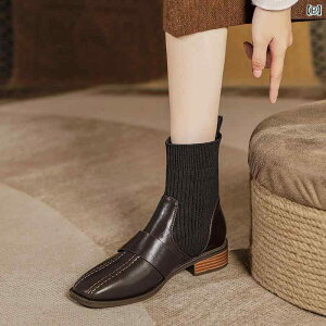 ソックスブーツ レディース ストレッチ ニット 美脚フィット ショート ミドル丈 スクエアトゥ チャンキーヒール ローヒール カジュアル きれいめ 通勤 あったか 防寒 ブラック ブラウン 合