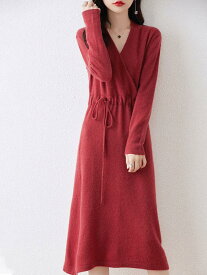 ワンピース レディース Vネック ウール ニット プルオーバー ドローストリング 長袖 ミドル丈 膝丈 細見え 体型カバー 秋冬 通勤 オフィス