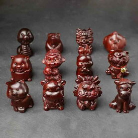 置物 紫檀木彫り 十二支 干支 全種セット 手彫り かわいい ミニサイズ デスク飾り インテリア雑貨 縁起物 オブジェ コレクション アンティーク 骨董品 リビング 玄関 オフィス 開運グッズ