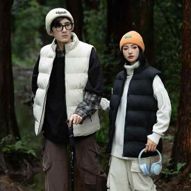 中綿ベスト メンズ ゆったり 厚手 男女兼用 秋冬 トレンド スタンドカラー ジッパー 多機能ポケット 無地 カジュアル 化学繊維混紡 ポリエステル素材 ビッグサイズ しわになりにくい 裏地付き