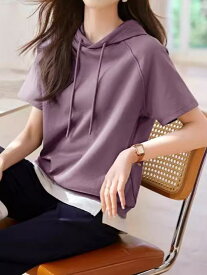 Tシャツ レディース 体型カバー 着痩せ スタイルアップ フード付き 半袖 ドロップショルダー ニット プルオーバー カジュアル デザイン性 着回し 無地 切り替え ドローストリング