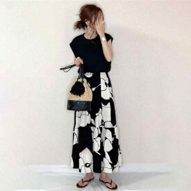 カジュアルセットアップ レディース 半袖 Tシャツ ロゴプリント 切り替え ミディ丈 スカート 2点セット 日系 綿 アクリル 黒 ゆったり 春夏 フリーサイズ