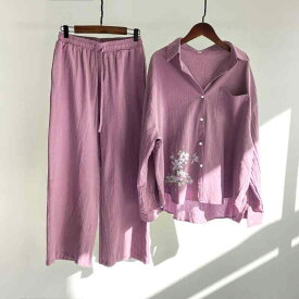 セットアップ レディース コットンリネン ブラウス ハイウエスト ワイドパンツ 2点セット プリント 九分丈 ポケット付き 長袖 カジュアル 通勤 リラックス 春夏