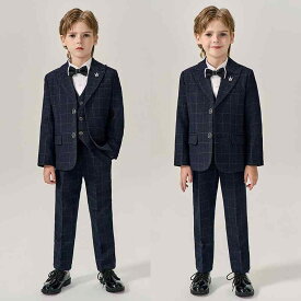 スーツ 男の子 キッズ スリーピース セットアップ フォーマルジャケット 格子柄 春秋 英国風 1歳 誕生日 礼服 結婚式 卒園式 入学式 発表会 フラワーボーイ