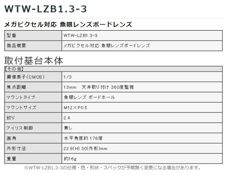 WTW-LZB1.3-3 超広角ボードレンズ 1.3mm 魚眼レンズ ボードタイプ SKS