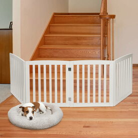 犬用ゲート 木製 2色 ペットゲート 中小型 犬 猫 脱走防止ガード 自立式 置くだけ 折り式バリア 安全柵 ペットガード 階段 出入り口 玄関用 (4枚 幅208x高さ61cmx奥行き1.8cm ホワイト コーヒーブラウン