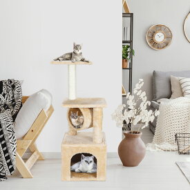 キャットタワー 猫タワー 据え置き 省スペース 　ペット 猫ハウス 安定性抜群 天然サイザル麻紐 爪とぎ柱 多頭飼い 頑丈耐久 ベージュ 高さ93cm