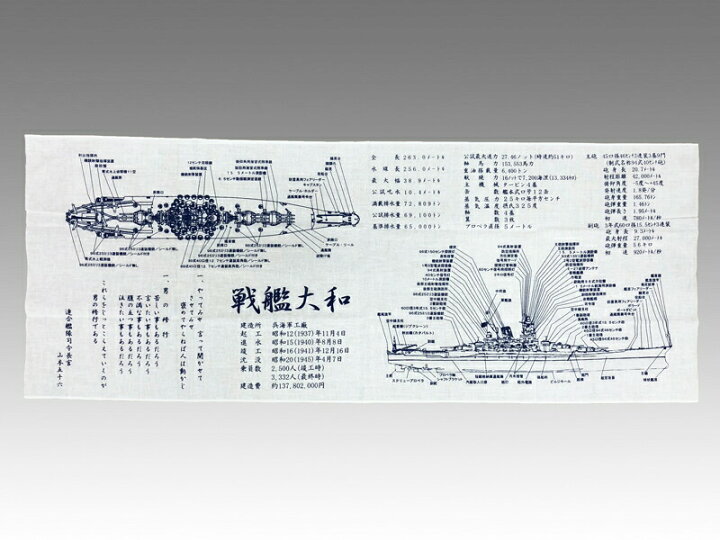 楽天市場 戦艦大和 てぬぐい 手ぬぐい 戦艦大和 説明図 戦艦大和グッズ ネコポス可 Yamato 手拭い 和雑貨 綿100 ハンカチ タオル マスク 男の修行 山本五十六 名言 自衛隊 旧日本海軍 大日本帝国 制服のフジ 楽天市場店
