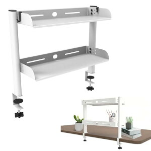 デスク上収納ラック 穴あけ不要 机上ラック ケーブルトレー付き クランプ固定 机上台 卓上棚 棚 可動棚 二段/三段 簡単組立 前後に調節