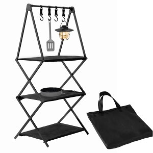 アウトドアラック キャンプラック フォールディングラック 3段物置き棚 折り畳み式 軽量 アルミ ハンガーフック4個付き 専用収納袋付き