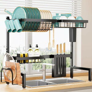シンク上水切りラック 食器乾燥かご 食器置き場 伸縮式【幅68~86cm】304ステンレス製 錆びない 自動排水 多機能 包丁?まな板スタンド付