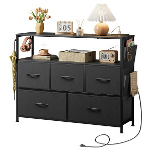 WLIVE チェスト タンス 2段棚付き収納 コンセント付き USBボード キャスター付き サイドポケット付き 2段5杯 箪笥 ローチェスト リビング収納 おしゃれ 収納チェスト 布製 引き出し 大容量 洋服