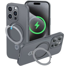 【極薄！機能充実】CASEKOO iPhone 15 Pro 用 ケース Magsafe対応 隠しスタンド 全面保護 スリム 薄型 ストラップホール付き 携帯カバー ワイヤレス充電対応 アイフォン 15 プロ 用 ケース グレー