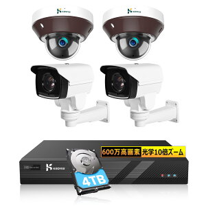【光学10倍ズーム防犯カメラ】KEOYEE 600万画素 POE防犯カメラセット 360°全方位監視・4TB・PTZ首振り動体検知 監視カメラ 4台セット H.265・録音・録画・暗視・IP66防水防塵・遠隔監視・AI人体検出