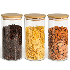 ComSaf コーヒー豆 保存容器 ガラスキャニスター 密閉 1200ml コーヒーキャニスター 密封瓶 食品貯蔵容器 竹蓋付き 小麦粉 穀物 3個セット
