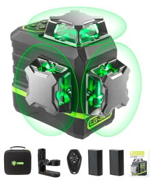 LasGoo レーザーレベル セルフレベリング 360°x3 グリーンクロスライン レーザーツール 工事や絵画の吊り下げに、リモコン付き、プロフェッショナル磁気回転スタンド、2 x 充電式リチウムイオン電池、LG-3Ds