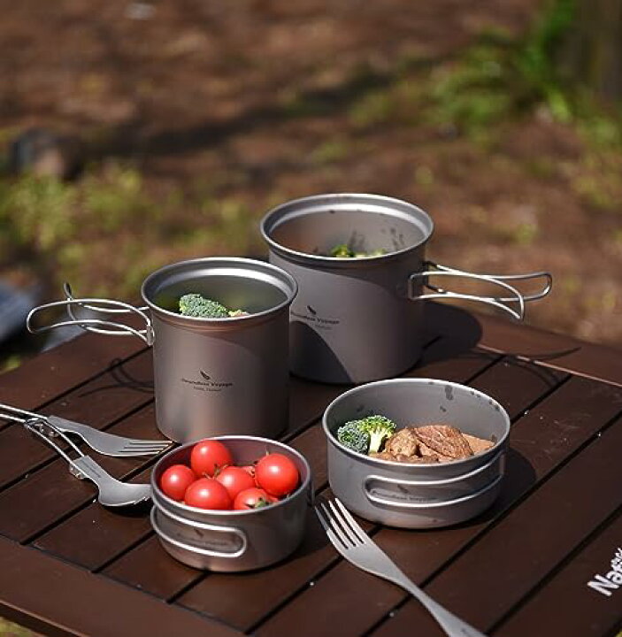 Boundless Voyage チタンクッカーセット ソロキャンプ コッヘル フライパン ポット 登山鍋 キャンピング調理器具 軽量 コンパクト 折りたたみハンドル クッカーセット アウトドア キャンプ用品 収納袋付き 2点セット 1