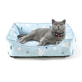JEMAジェマ ペットベッド 猫ベッド 犬 クッション ペット用 クール ソファ モチモチ3D綿 ひんやり 夏用 涼しい 暑さ対策 洗える 60x50x18cm 熊柄 ブルー