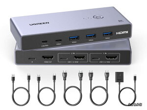 �y���������z8K@60Hz HDMI KVM�ؑ֊� 2����1�o�� PC2���USB 3.0�|�[�gx3 �� USb-C�|�[�gx1 �ƃ��j�^�[1�䋤�L KVM�X�C�b�` 3D/CEC/HDR�ɑΉ� �茳�X�C�b�` & USB�P�[�u��2�{ & HDMI�P�[�u��2�{�t��