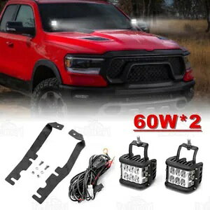 4 C` 60W TChV[^[ LED |bh + t[hqW}Eg + z 2019-2024 Ram 1500 4'' 60W Side Shooter LED Pod +Hood Hinge Mount+ Wiring For 2019-2024 Ram 1500
