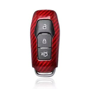Ԃ̃bhJ[{t@Co[X}[gP[XL[Jo[tH[h 3 L[- Car Red Carbon Fiber Smart Case Key Decor Cover For Ford 3-Keys-