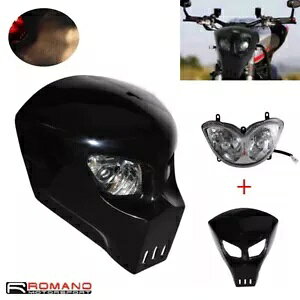 手作りユニバーサルヘッドライト ブラックスカルマスク付き スズキカワサキストリートバイク用 Handmade Universal Headlight w/ Black Skull Mask For Suzuki Kawasaki Street Bike