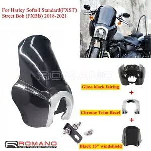 ハーレー ソフテイル ストリート ボブ FXBB 用 フロント ヘッドライト フェアリング 15 インチ フロントガラス付き Front Headlight Fairing w/ 15'' Windshield For Harley Softail Street Bob FXBB