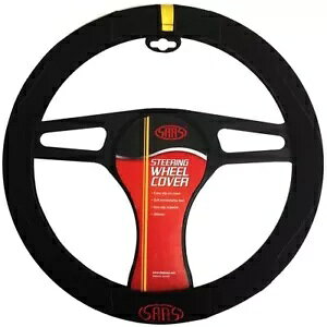 SAAS XeAO zC[ Jo[ ubN XG[h CG[ CWP[^[ƃSt 380mm SAAS Steering Wheel Cover Black Suede With Yellow Indicator And Logo 380mm